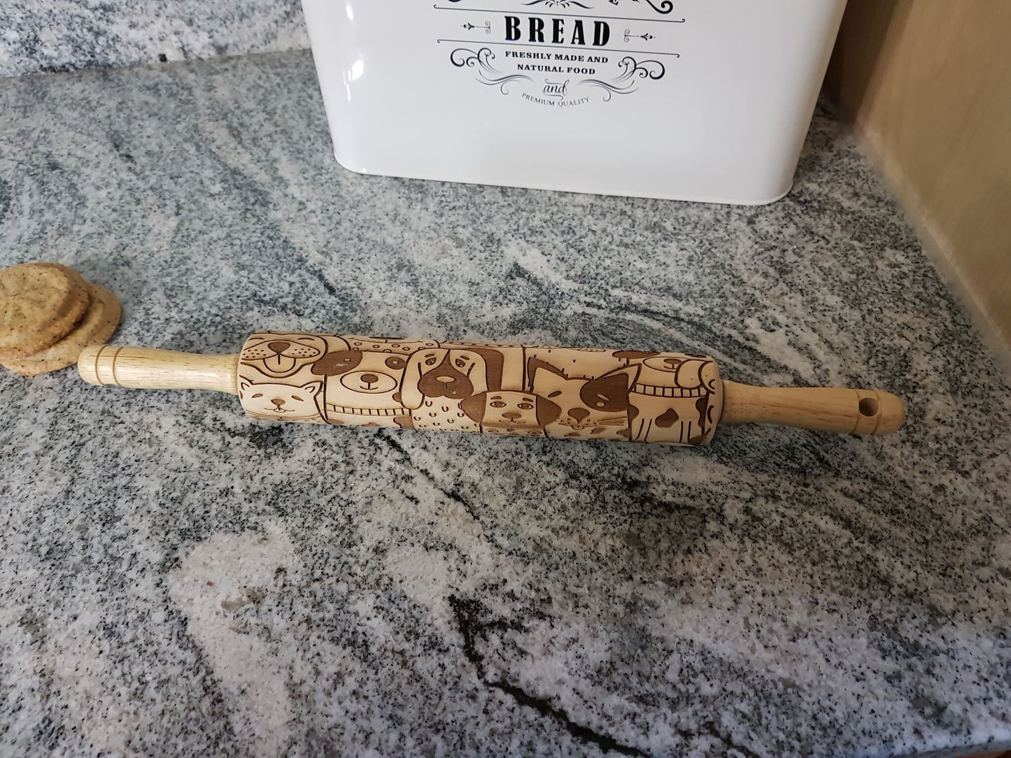 Dog, Puppies, Puppy Face, Texture, Embossed, Engraved, Wooden Rolling Pin, Cookie Stamp, Laser, Hardwood 10 inch, Pattern, pottery
