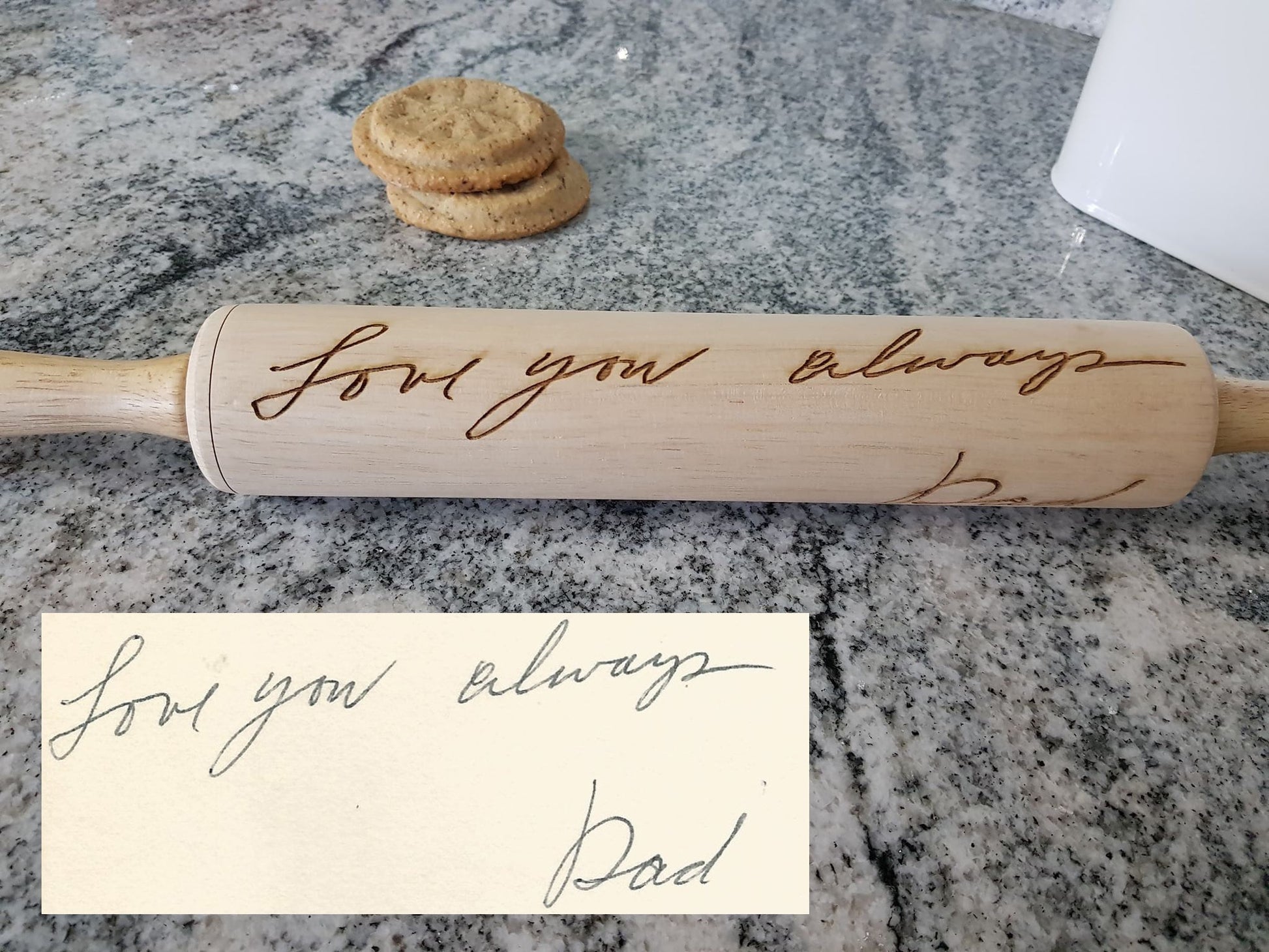 Handwriting, Loved Ones Signature, Rolling Pin, Embossed, Engraved, Wooden Rolling Pin, Cookie Stamp, Laser, Hardwood 10 inch, pottery