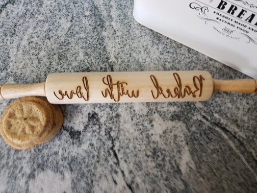 Baked with love, Phrase, Saying, Quote, Texture, Embossed, Engraved, Wooden Rolling Pin, Cookie Stamp, Laser, Hardwood 10 inch, pottery