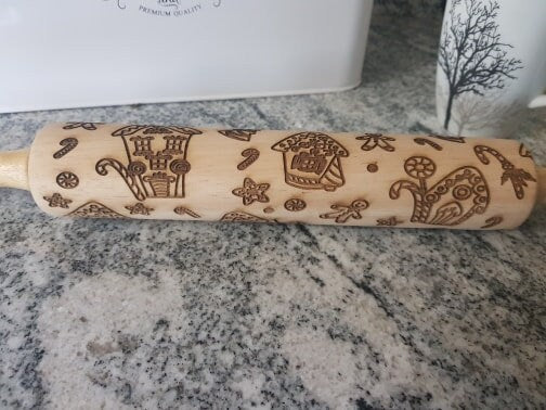 Gingerbread House, Man, Candy, Trees, Candy Cane, Rolling Pin, Embossed, Engraved, Wooden Rolling Pin, Cookie Stamp, Laser, pottery texture