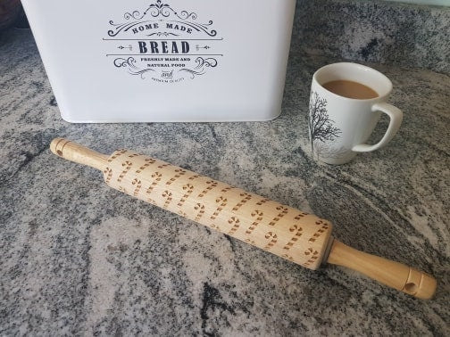 Candy Cane Canes, Candy, Winter, Christmas, Texture, Embossed, Engraved, Wooden Rolling Pin, Cookie Stamp, Laser, Hardwood 10 inch, pottery