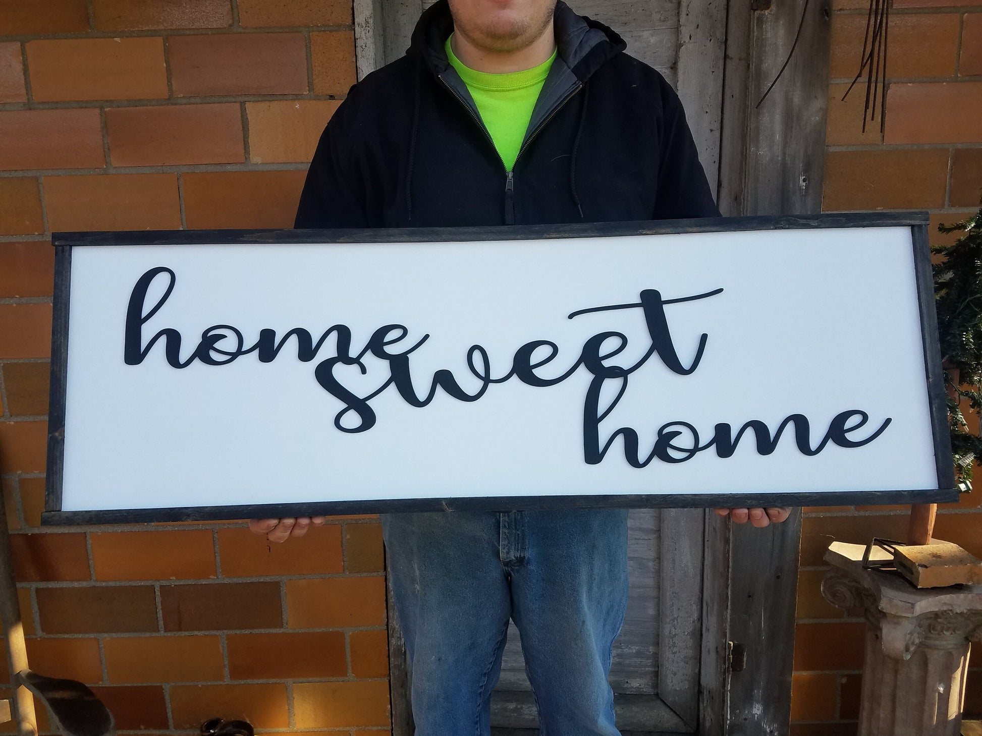 Large Home Sweet Home Raised Script Wood Sign Text Fireplace Sign Couch Sign Over Sized Rustic Primitive White and Black Shabby Chic