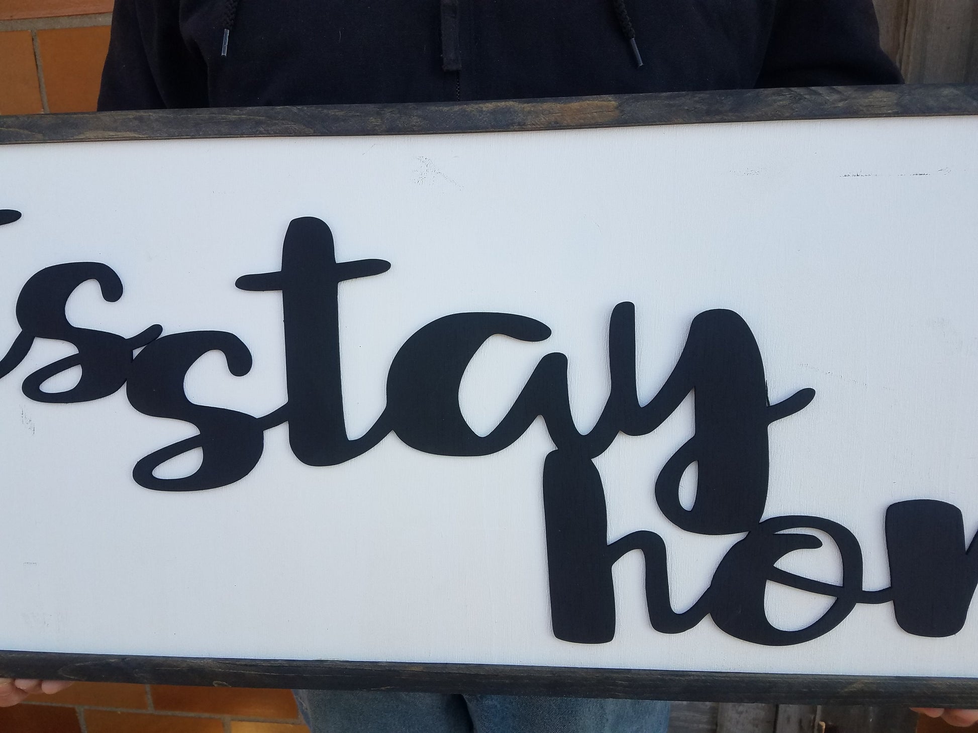 Over Sized Lets Stay Home Raised Text Script 3D Wood Framed Extra Large Sign Country Primitive Black and White Couch Fireplace Sign
