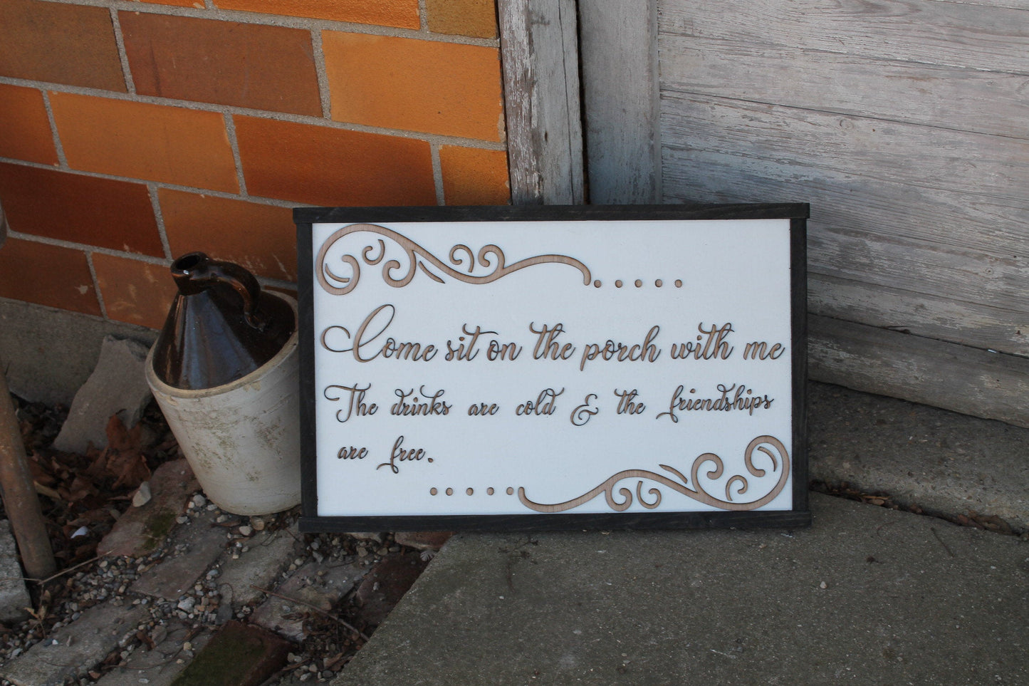 Porch Sign, Come and Sit, Drinks and Friendships are free, Raised Text, Wood, Laser Cut Out, 3D, Large, Shabby Chic