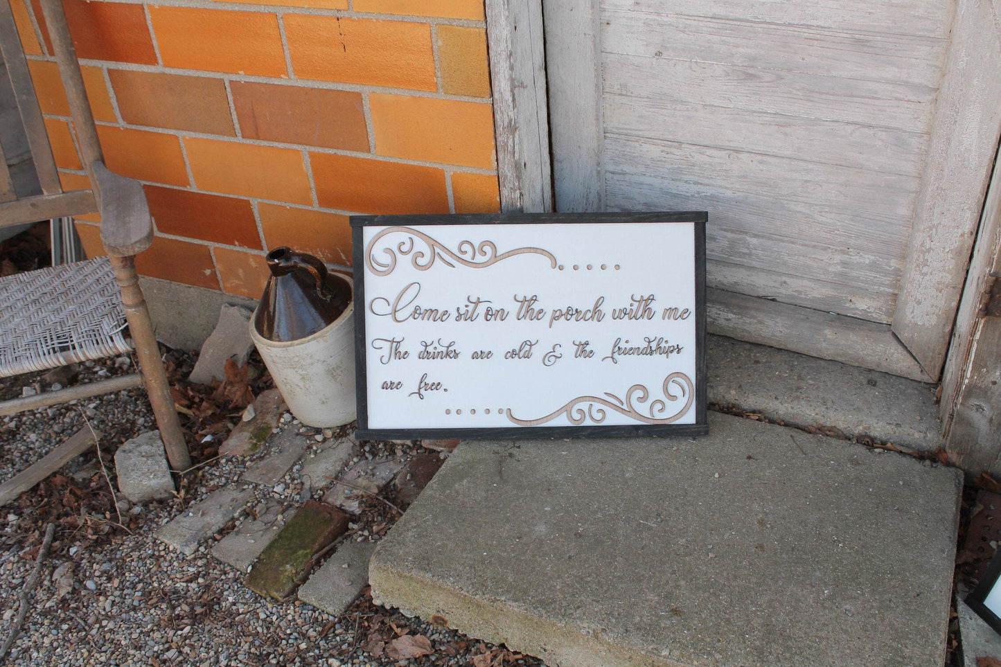 Porch Sign, Come and Sit, Drinks and Friendships are free, Raised Text, Wood, Laser Cut Out, 3D, Large, Shabby Chic