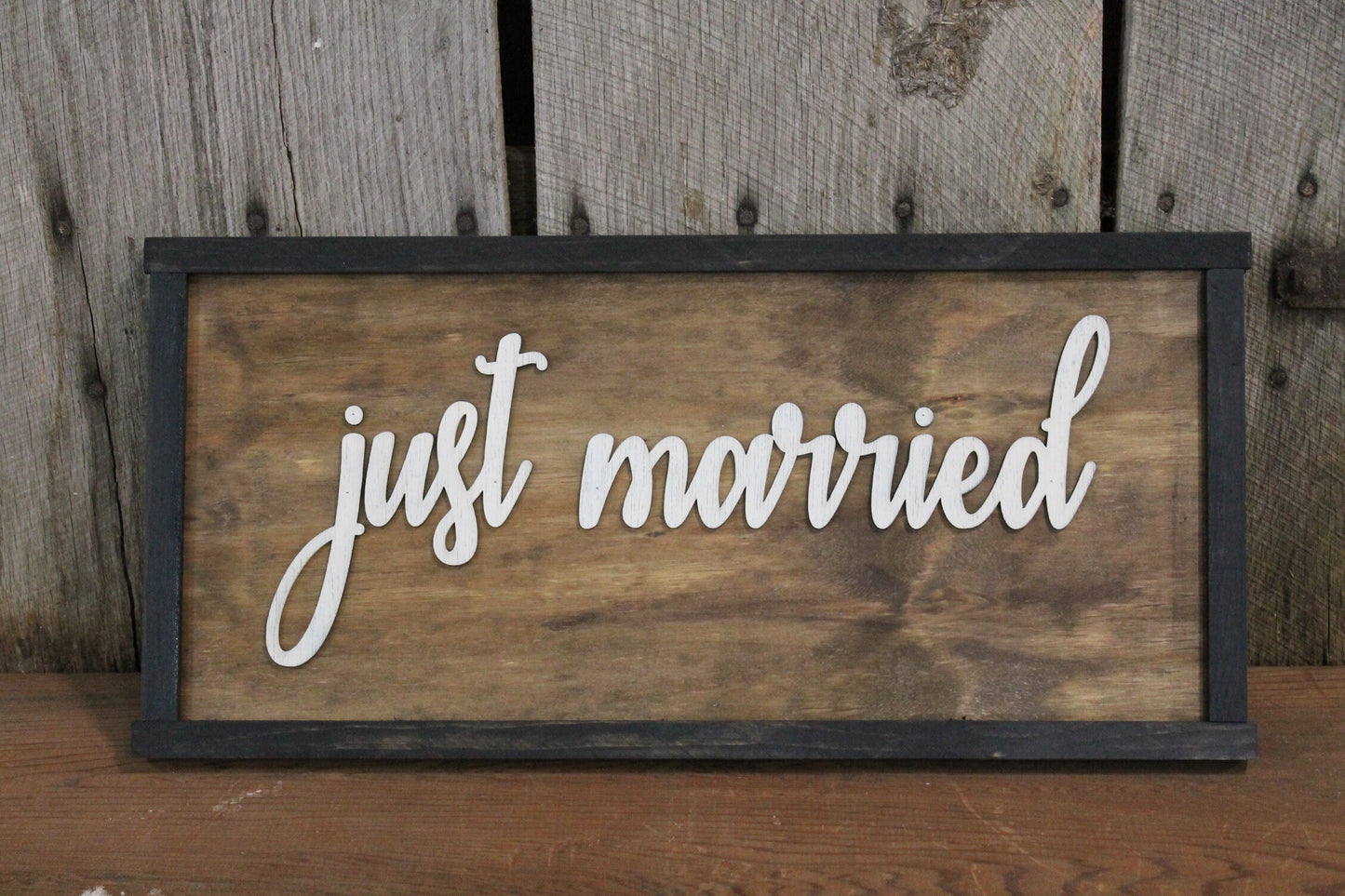 Just Married Sign Raised Text Wedding 3D Extra Large Framed Wood Car Window Photo Prop Hanging Wall Decor Country Style Barn Wood