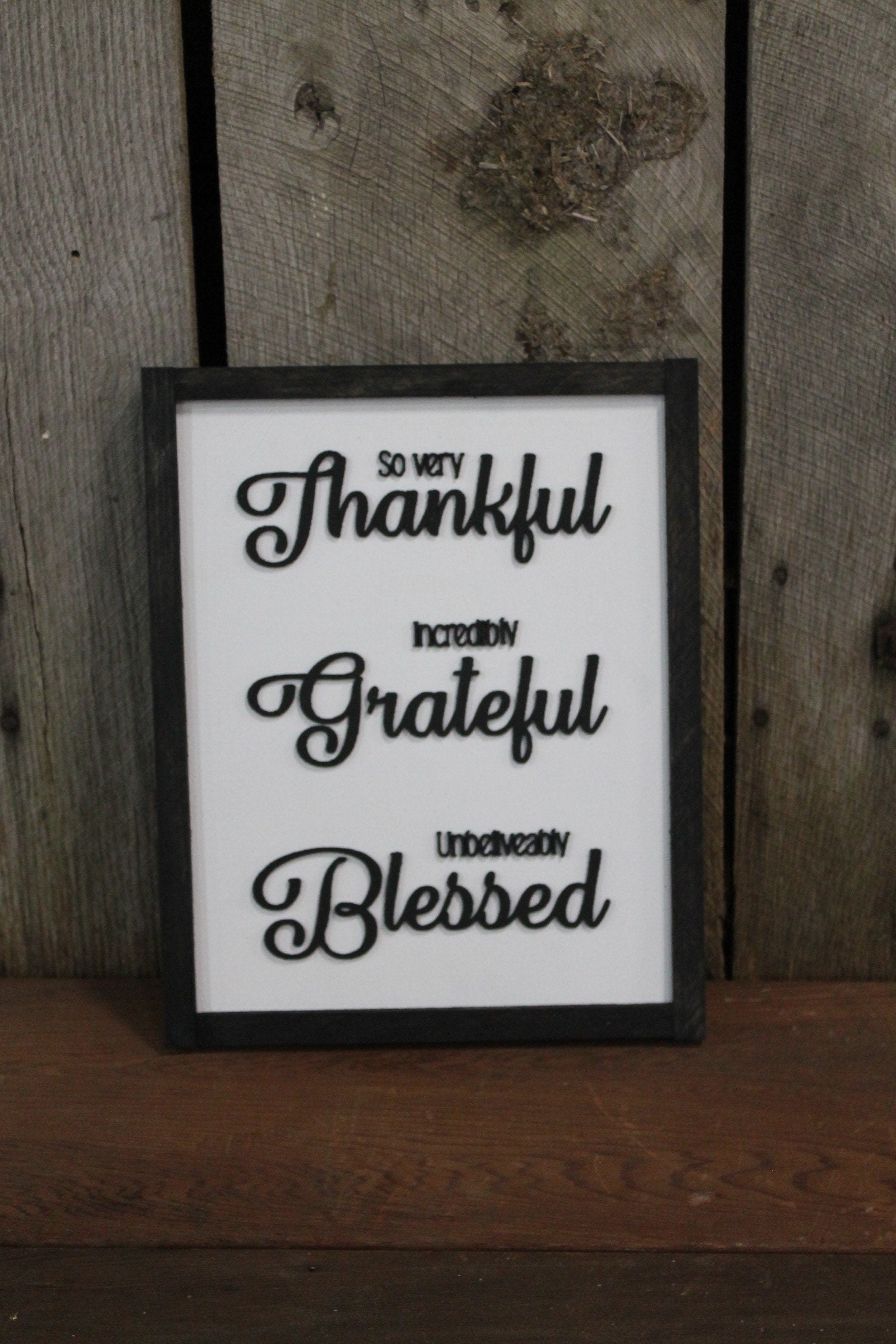 Thankful Grateful Blessed Sign 3D Raised Text Large Wood Framed Black and White Primitive Wall Decor Thanksgiving