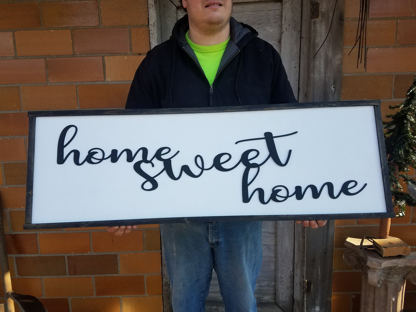 Large Home Sweet Home Raised Script Wood Sign Text Fireplace Sign Couch Sign Over Sized Rustic Primitive White and Black Shabby Chic