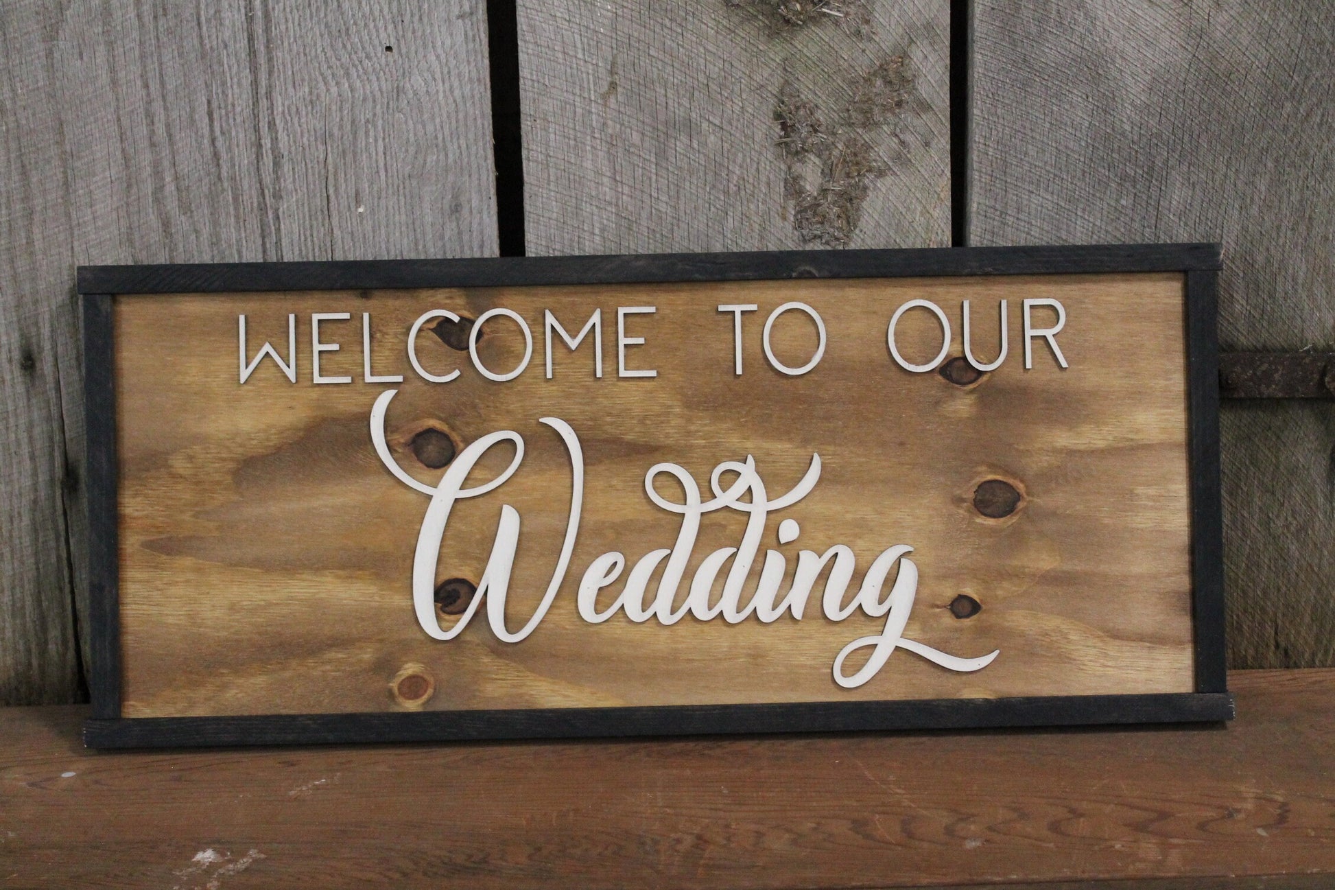 Rustic Welcome to Our Wedding Sign Raised Text Large Framed Primitive Barn Wood Country Signage 3D Reception Decoration Table