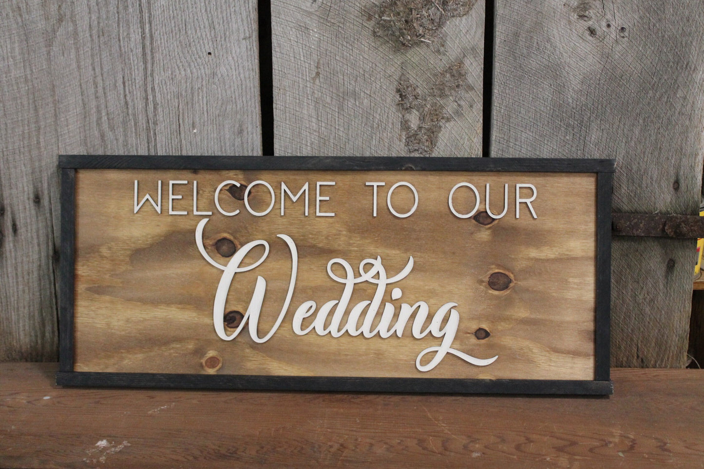 Rustic Welcome to Our Wedding Sign Raised Text Large Framed Primitive Barn Wood Country Signage 3D Reception Decoration Table