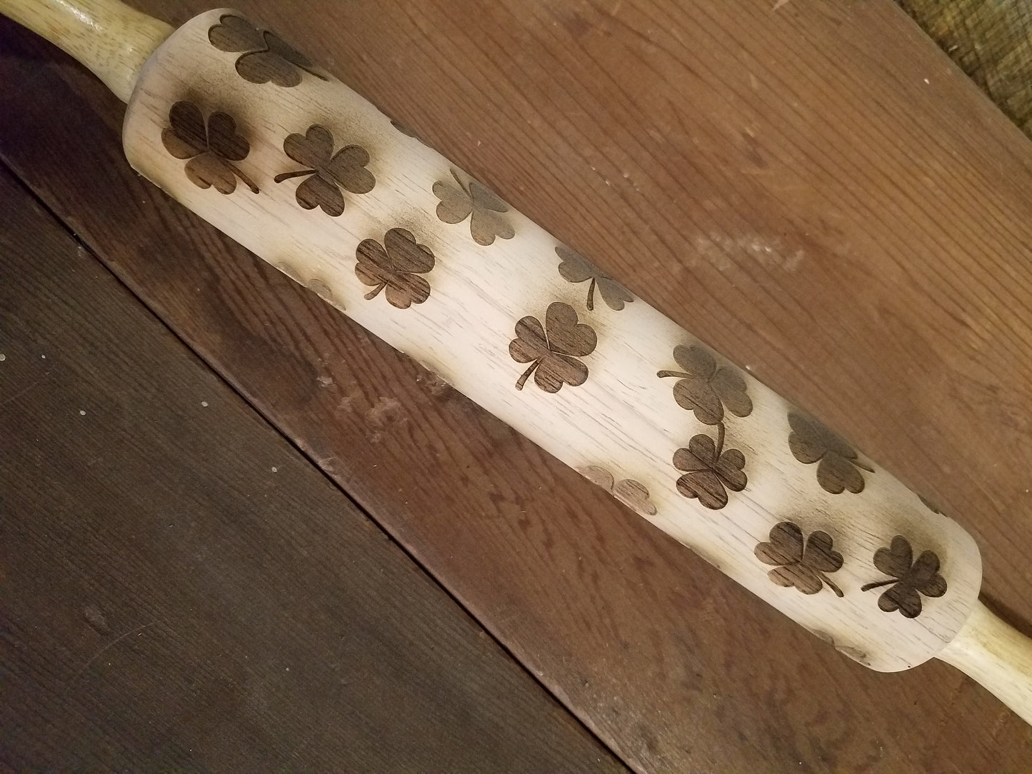 Shamrock, Four Leaf Clover, Lucky, Irish, St Patricks Day,  10 Inch Rolling Pin, Pie Crust, Gift, Embossed, Engraved, Wood, Cookie Stamp