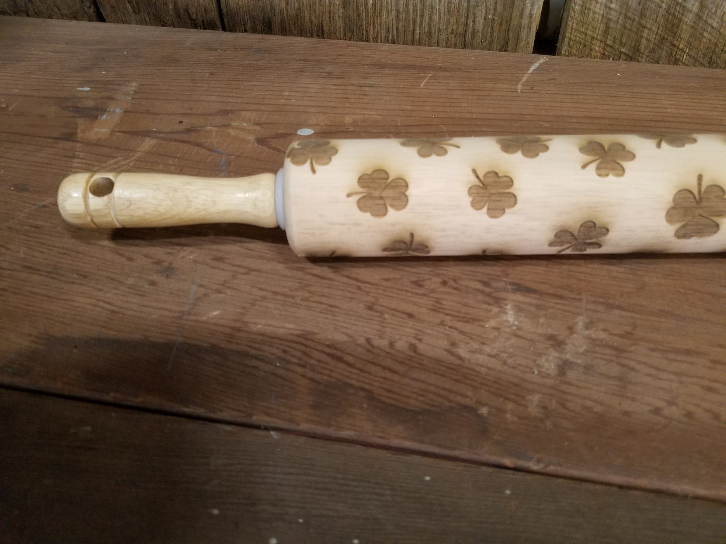 Shamrock, Four Leaf Clover, Lucky, Irish, St Patricks Day,  10 Inch Rolling Pin, Pie Crust, Gift, Embossed, Engraved, Wood, Cookie Stamp