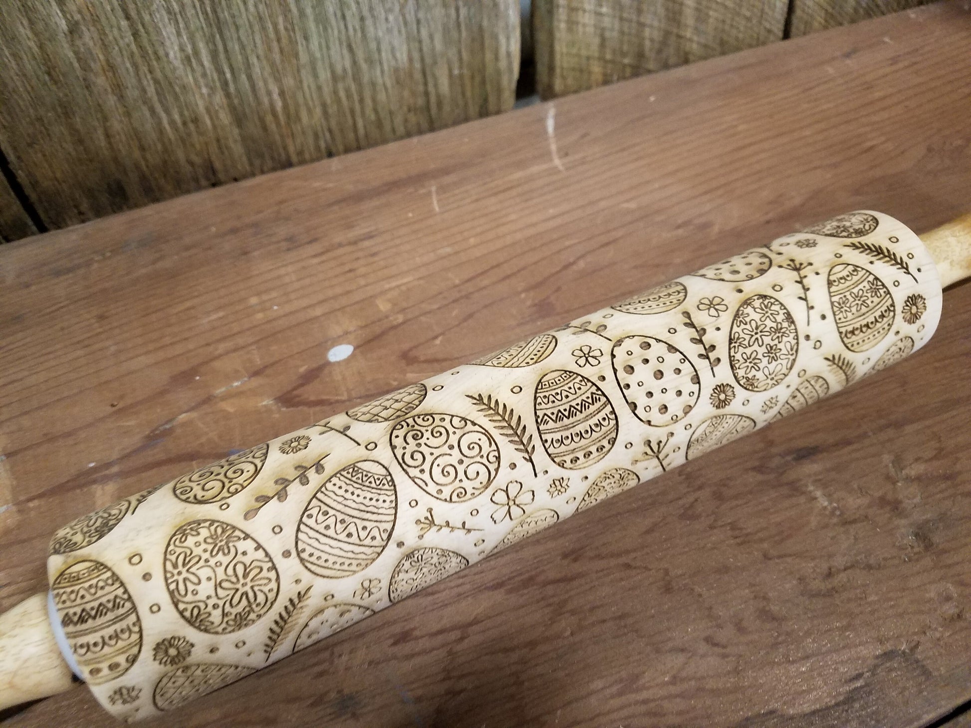 Easter, Easter Eggs, Decorated, Spring, 10 Inch Rolling Pin, Pie Crust, Gift, Embossed, Engraved, Wood, Cookie Stamp, Laser, pottery texture