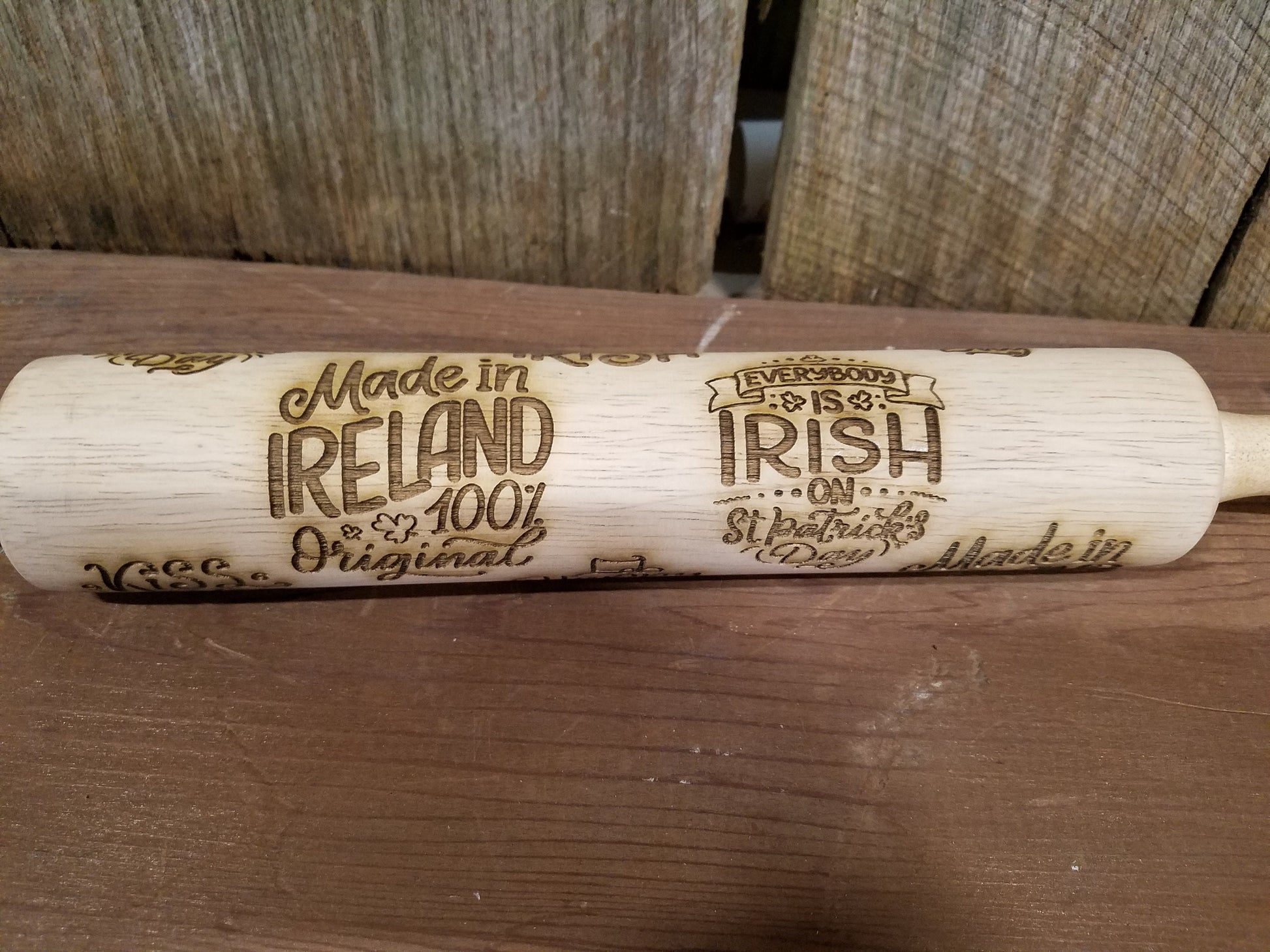 Irish, St Patricks Day, St Pattys Day, Kiss me Im Irish, Made in Ireland, Texture, 10 Inch Rolling Pin, Crust, Engraved, Wood, pottery