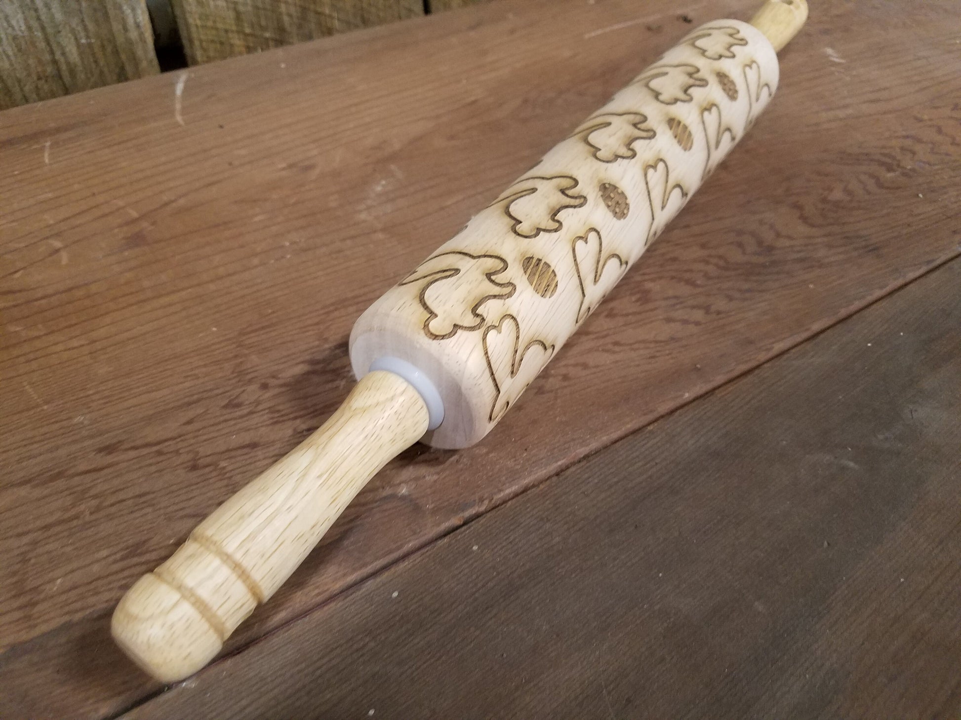 Easter, Spring, Rabbit, Bunny, Decorated Egg, 10 Inch Rolling Pin, Crust, Gift, Engraved, Wood, Cookie Stamp, Laser, pottery texture