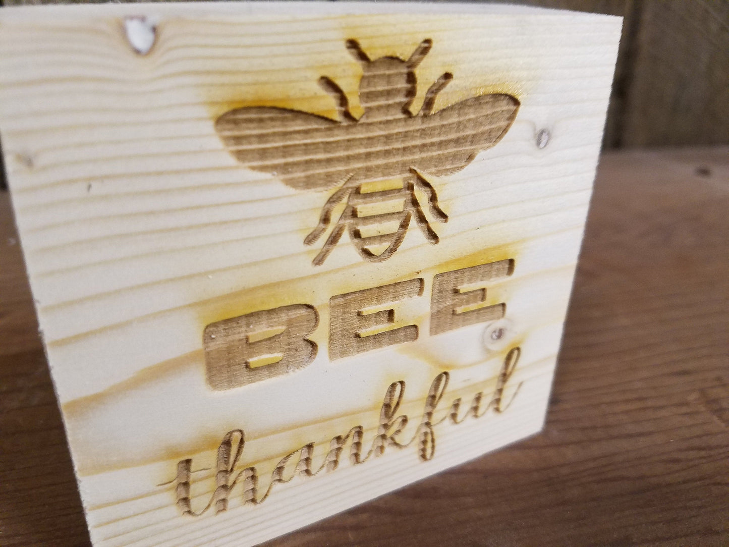 Bee Thankful, Bumble Bee, Tiered Tray Decor, Rustic, Pine, Self Sitter,  Handmade Sign, Wood, Laser Engraved, Primitive