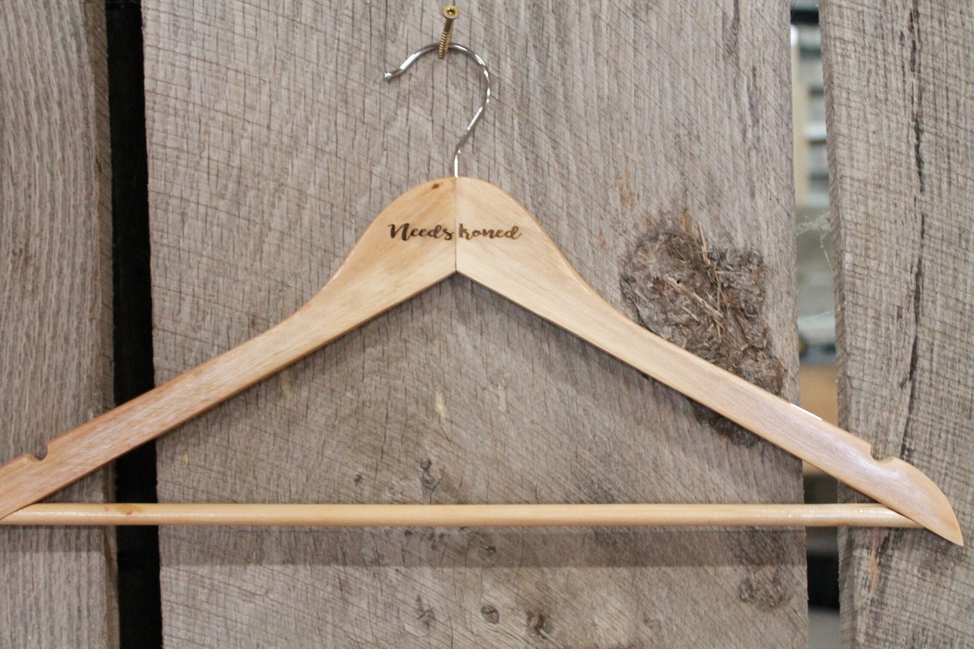Needs Ironed Iron Clothes Hanger Engraved Hard Wood Sturdy Note Message Organization Wash Laundry Room