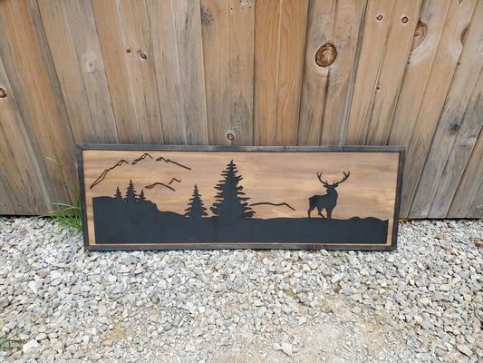 Large Custom Ranch Sign, Deer, Elk, Mountain, Cabin, Scenery, Rustic, Lodge, Wood, Laser Cut Out, 3D, Extra Large, Couch Sign