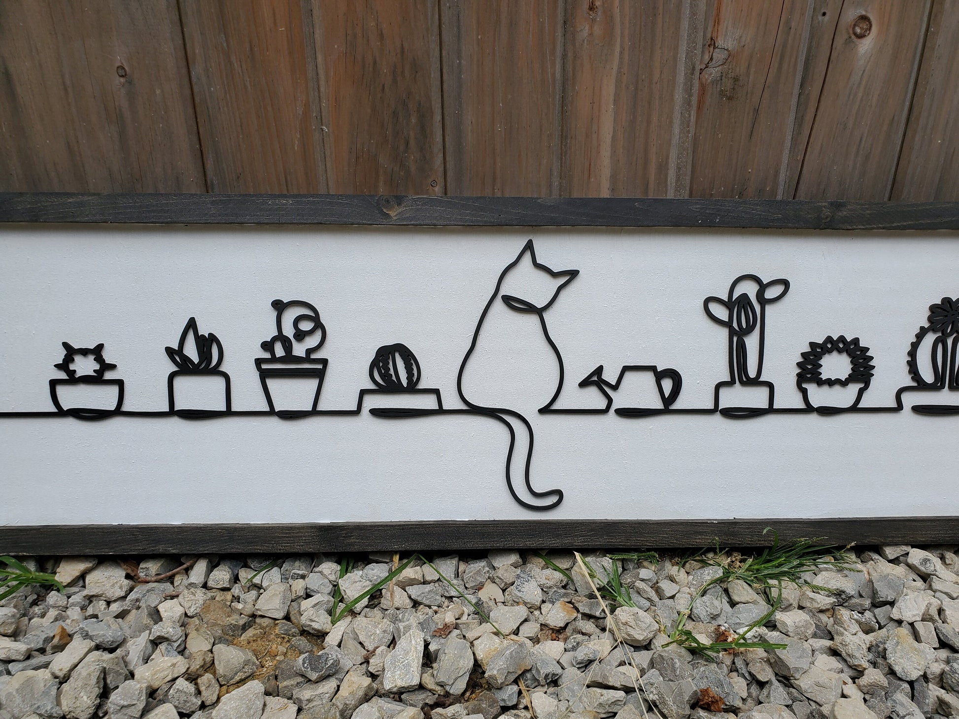 Cat, Cactus, Plants, Kitten, Silhouette, Western, Line Art, 3D, Raised Text Sign, Rustic, Farmhouse, Shabby Chic, Wood, White and Black