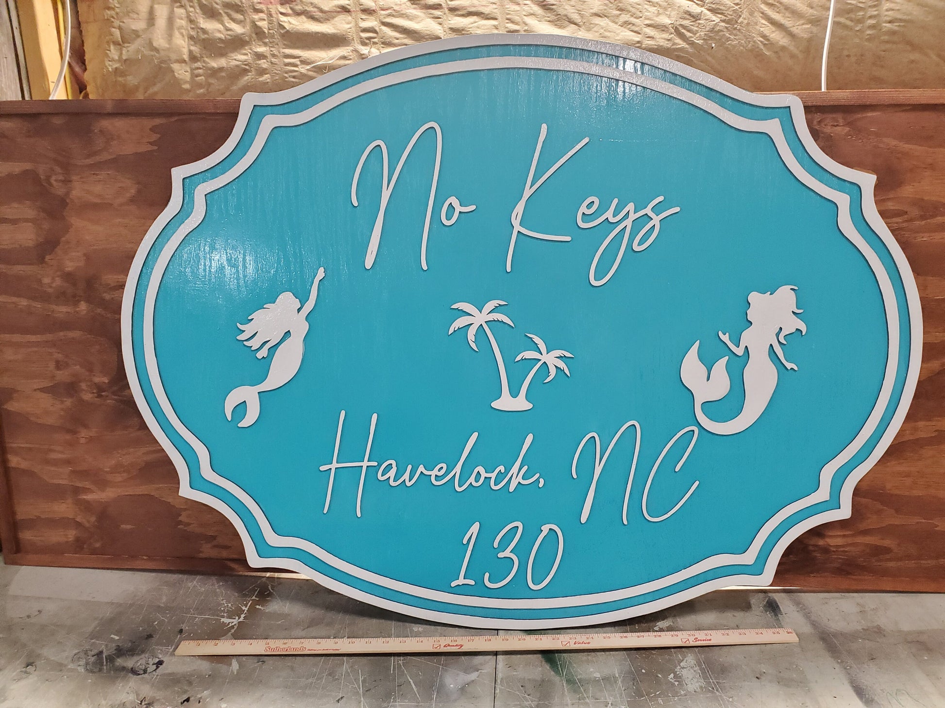 Large Beach House Sign Mermaid Bay Ocean Address Established Sign Exterior Outdoor 3D Raised Text Teal White Shabby Chic Nautical