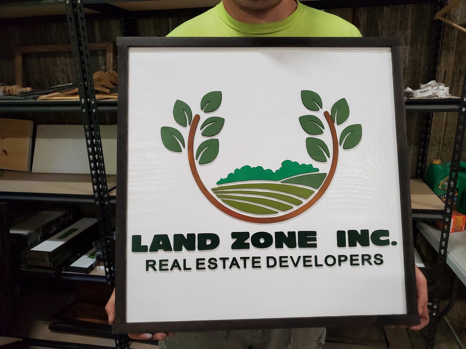 Land Management Real Estate Custom Business Logo Square Over-sized Rustic Wood Laser Cut Out 3D Extra Large Sign