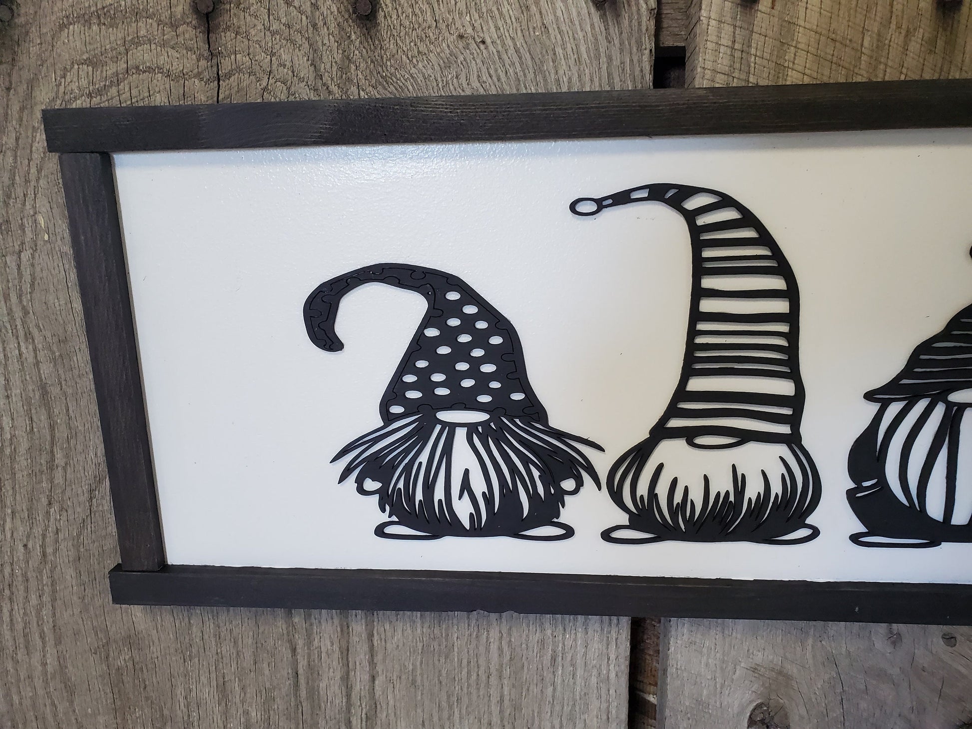 Gnome Garden Gnomes Elves Dwarf Silhouette Line Art 3D Raised Text Sign Rustic Farmhouse Shabby Chic Wood White and Black
