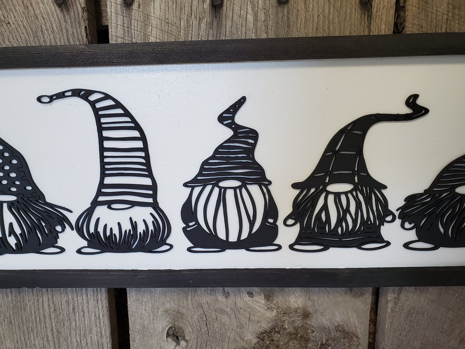Gnome Garden Gnomes Elves Dwarf Silhouette Line Art 3D Raised Text Sign Rustic Farmhouse Shabby Chic Wood White and Black