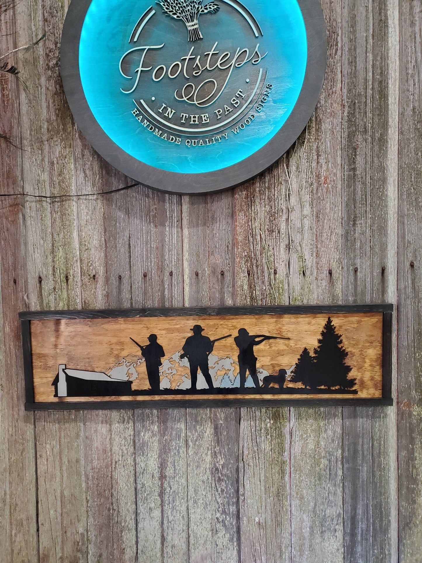Hunting Scene 3D Hunter Bird Dog Mountain Range Silhouette Cabin Farm Rustic Sign Wood Laser Cut Out Extra Large Sign