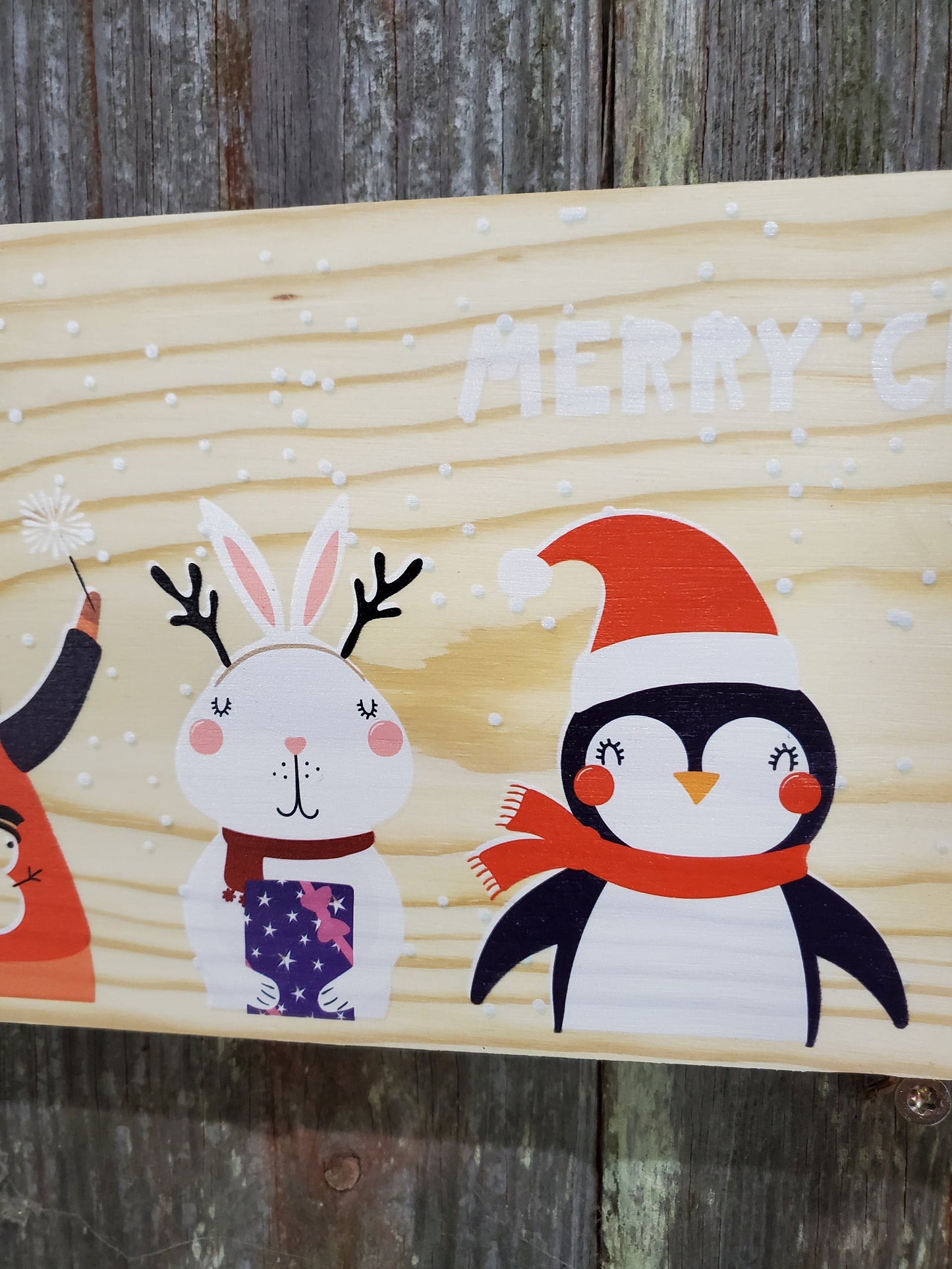 Merry Christmas Animals Christmas Lights Kangaroo Rabbit Penguin Sloth Panda Rhino Santa Hats Christmas Decor Colored Wood Print