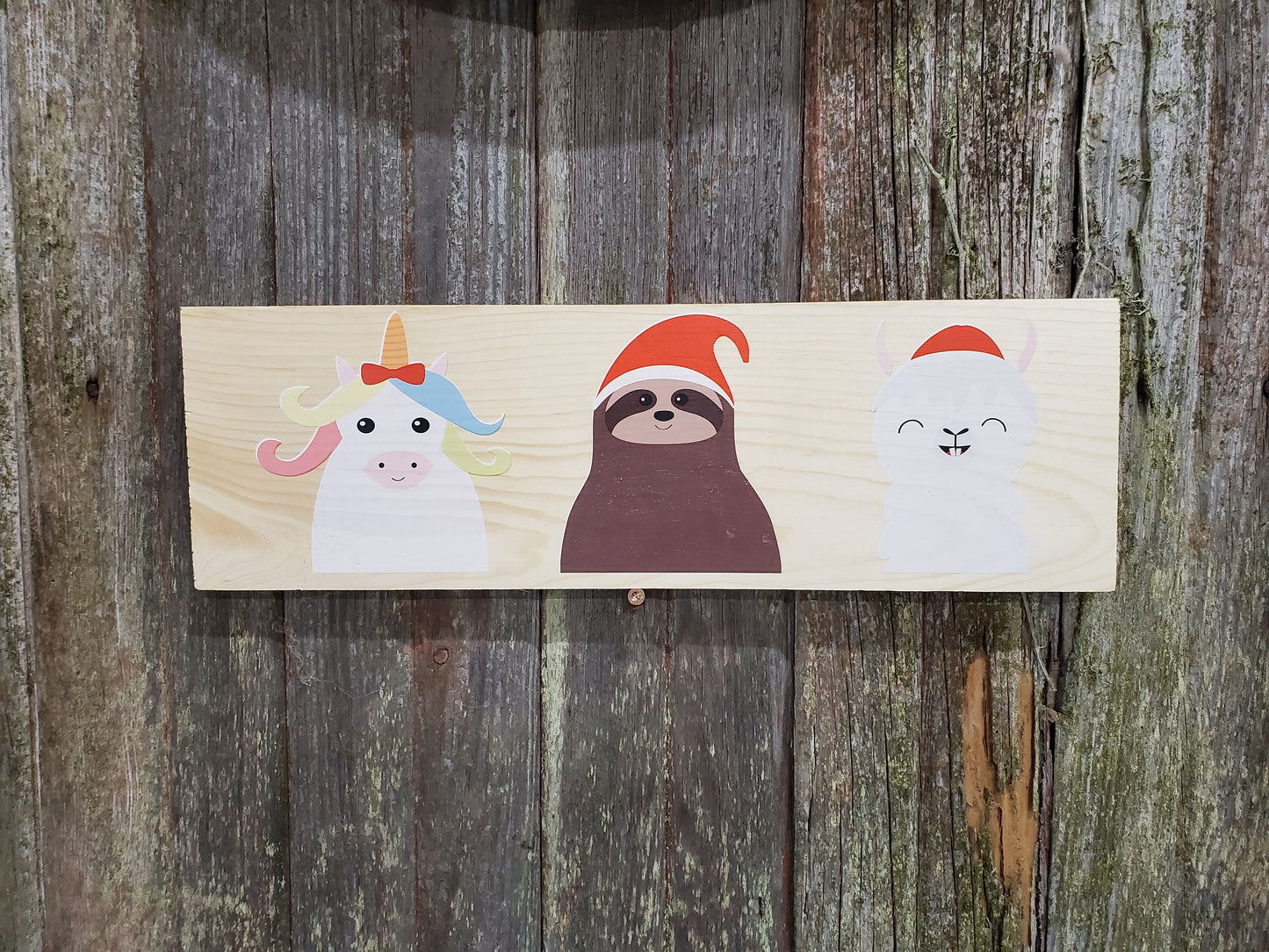 Unicorn Sloth Llama Hat Red Christmas Sign Santa Claus Christmas Decor Wall Art Color Wood Print