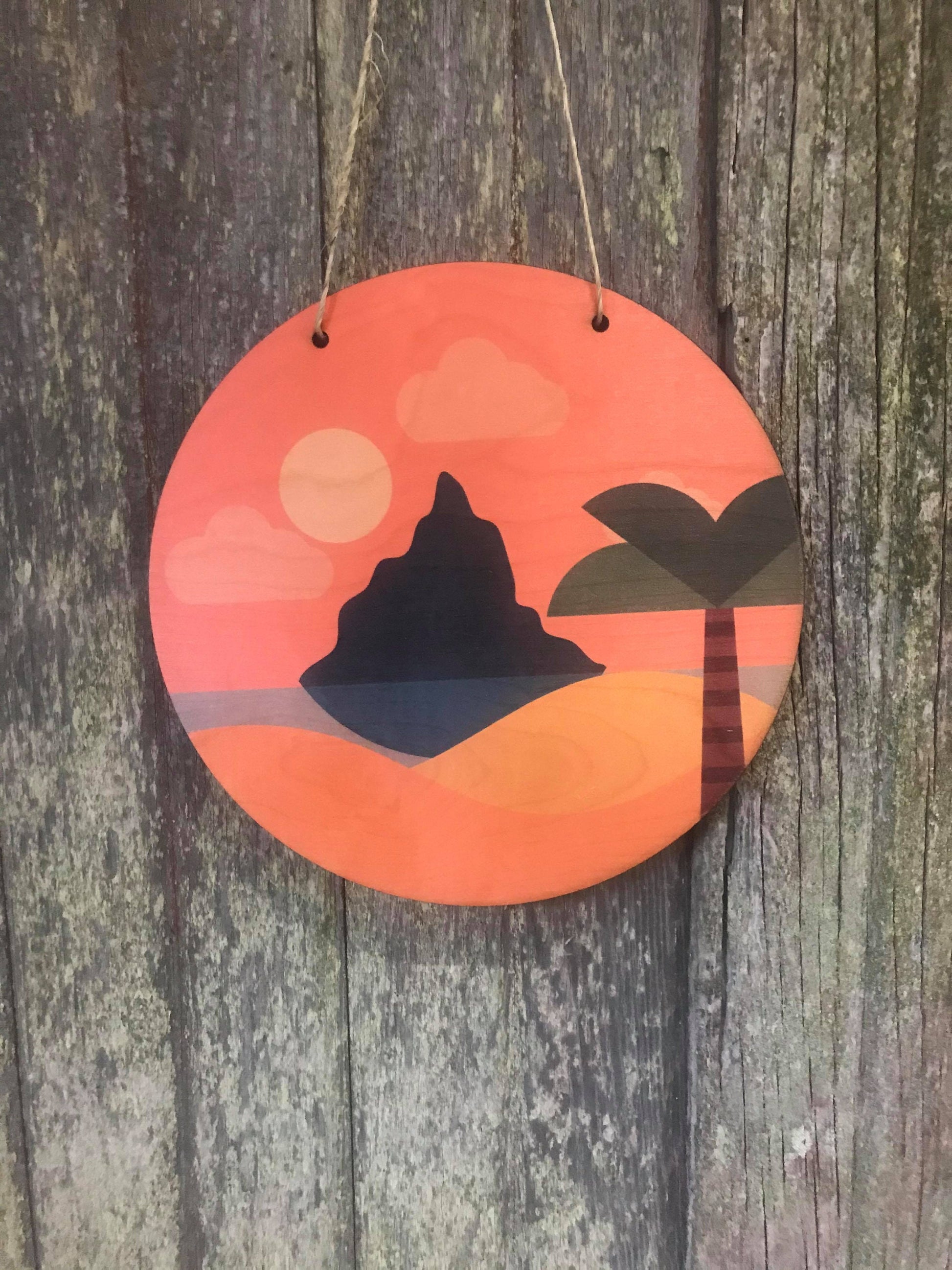 Round Scenic Wood Island Volcano Beach Palm Tree Sunset Orange Nursery Wall Hanger Decor Plaque Wall Art Color Wood Print