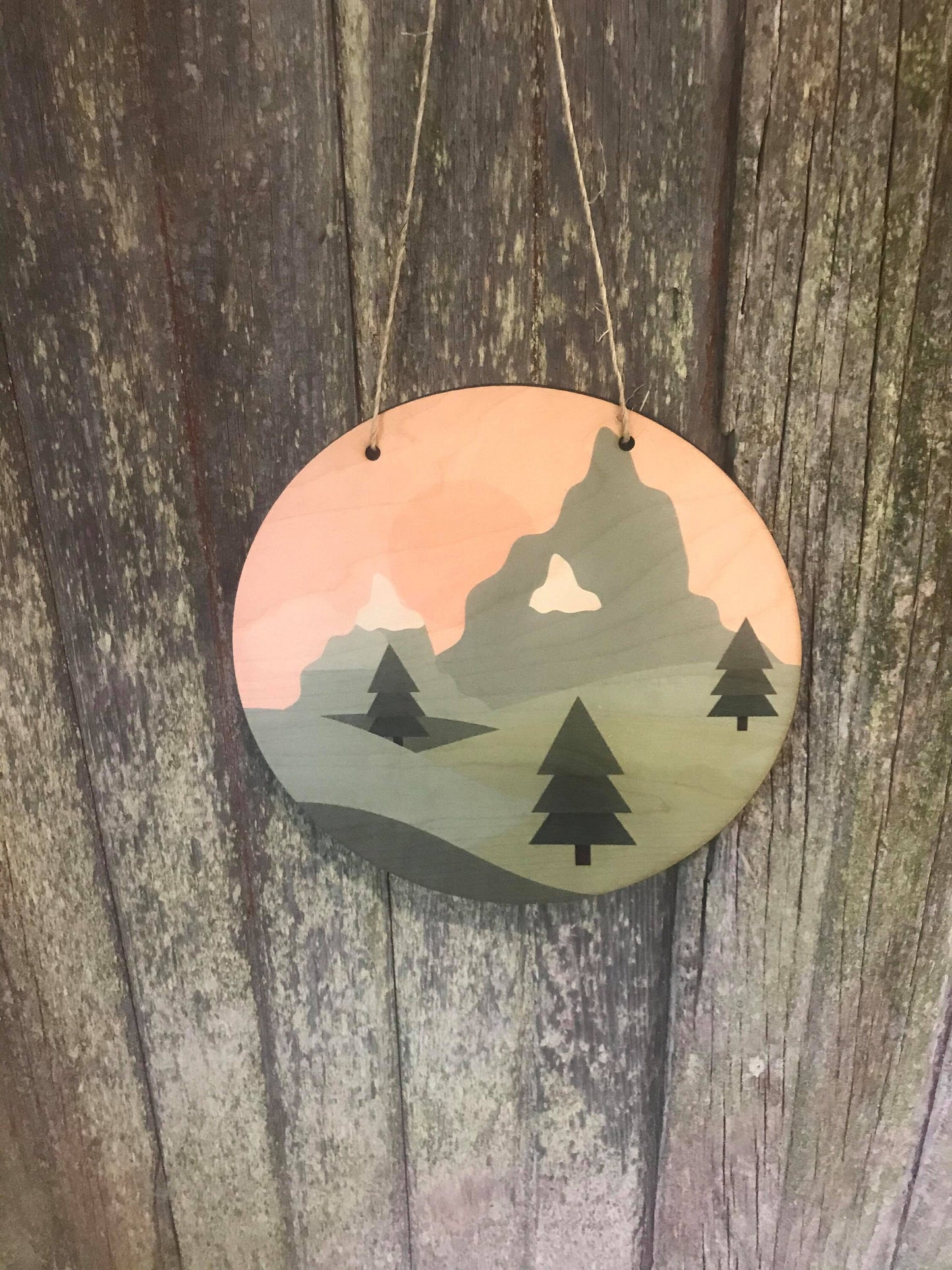 Pine Trees Mountain Sign Round Scenic Wood Sunshine Sky Wall Hanger Nursery Decor Plaque Wall Art Color Wood Print