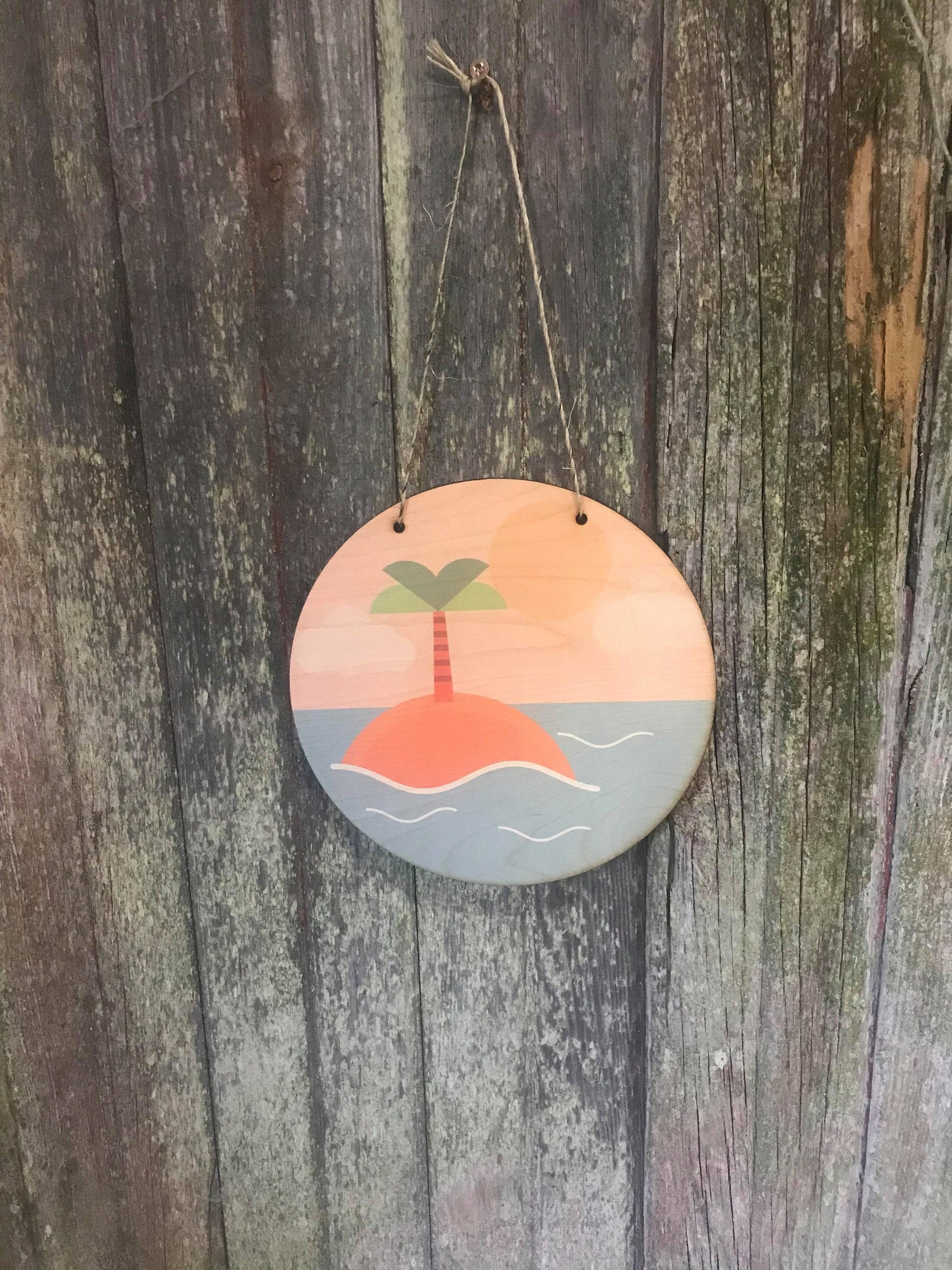 Island Sign Round Scenic Beach Ocean Water Wood Sunshine Sky Wall Hanger Nursery Decor Plaque Wall Art Color Wood Print