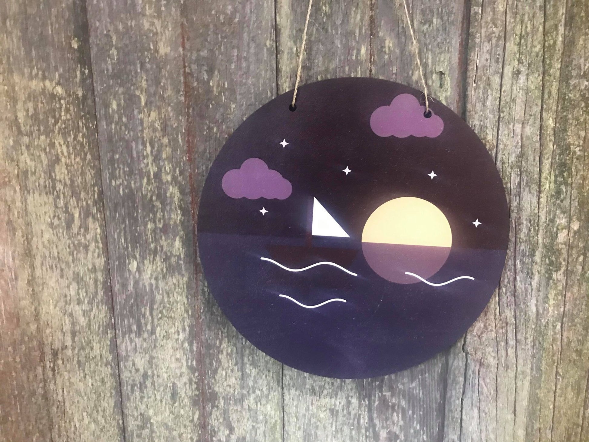 Ocean Purple Night Time Sign Round Sailboat Scenic Beach Water Wood Sky Wall Hanger Nursery Decor Plaque Wall Art Color Wood Print