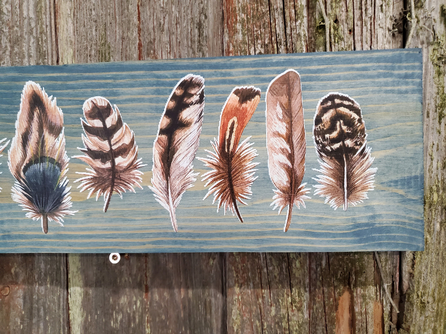 Rustic Blue Boho Feathers Wall Sign Colorful Wood Plaque Decor Wall Art Color Wood Print