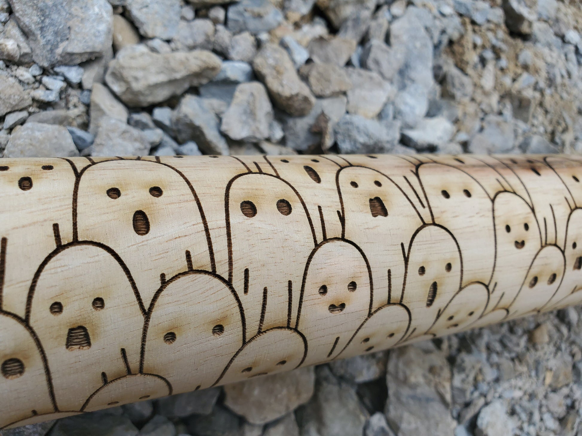 Ghost, Ghoul, Spirit, Halloween, Friendly, Rolling Pin, Texture, Embossed, Engraved, Wooden, Cookie Stamp, Laser, Pottery