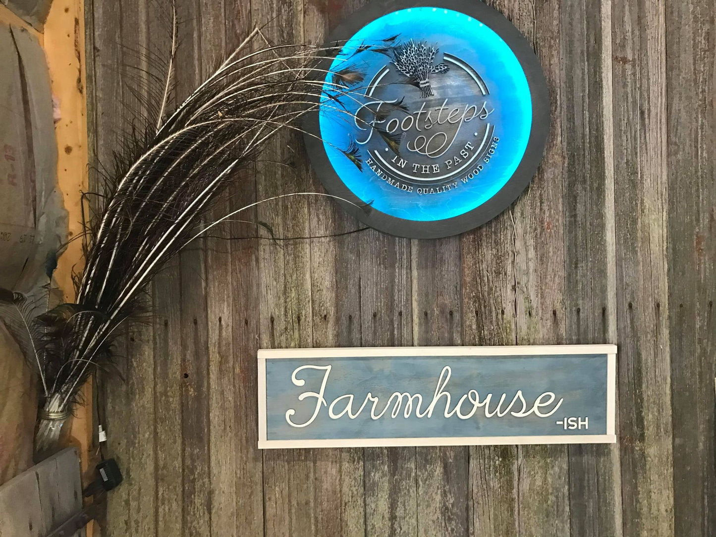 Farmhouse Farmhouse-Ish Sign Blue White Wood 3D Raised Text Country Rustic Primitive Wall Decor Shabby Chic Wall Art