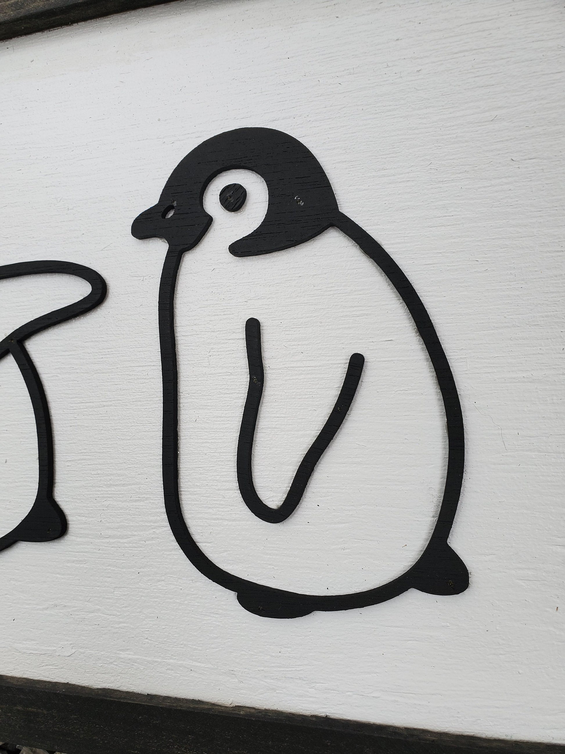 Penguins, Baby, Babies, Nursery, Winter, Silhouette, Line Art, 3D, Raised Text Sign, Rustic, Farmhouse, Shabby Chic, Wood, White and Black