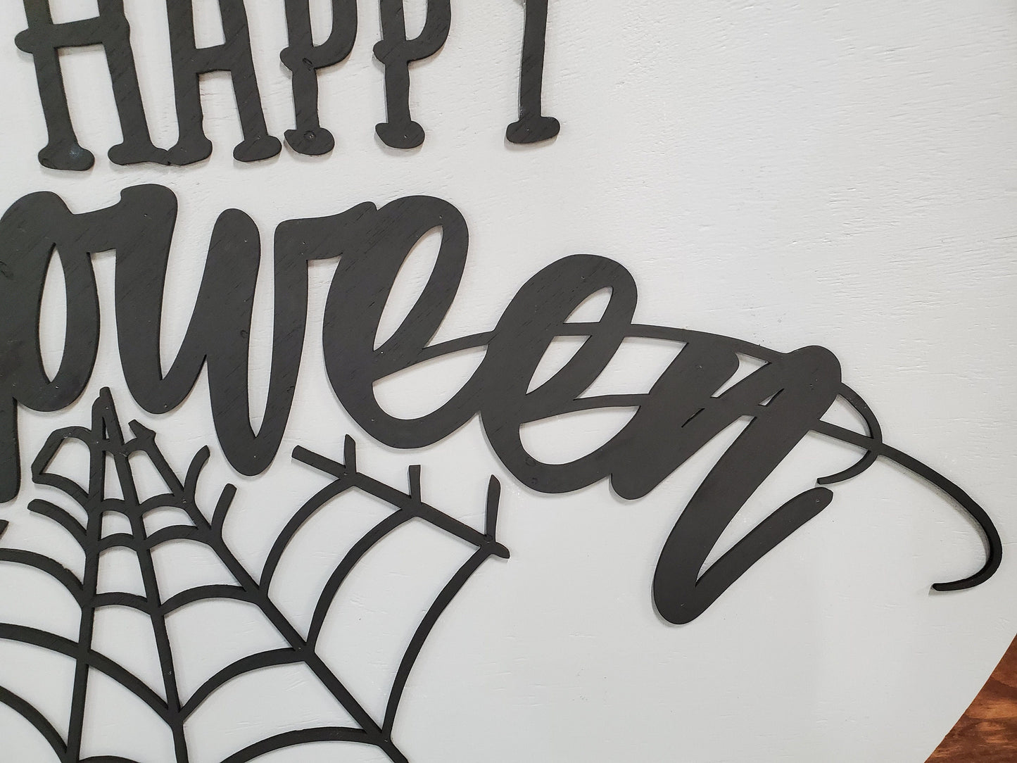 Halloween, Happy Halloween, Spider Web, Bats, Large Circle, Plaque, Round, Gray and Black, Large, 3D, Raised Image, Laser Cut, Sign, Decor