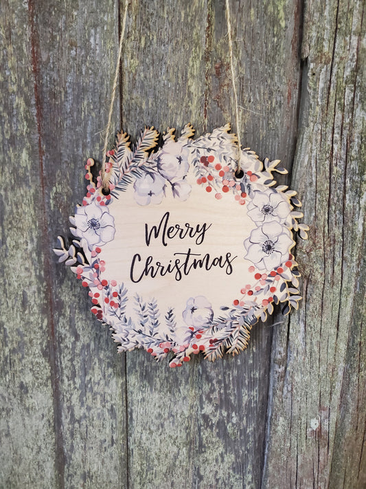 Merry Christmas Wreath Wood Cotton Holly Evergreen Magnolia Door Hanger Cut to Shape Floral Front Door Entry Way Decor Plaque Wood Print