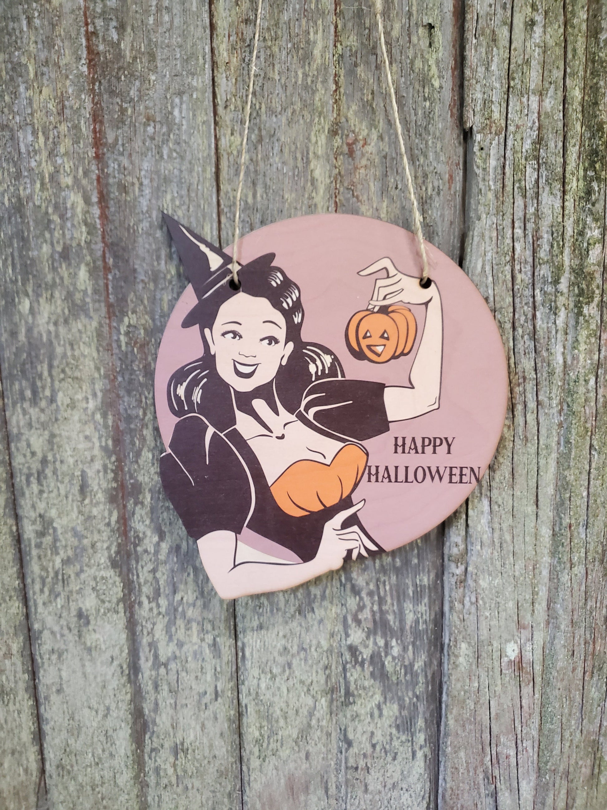 Vintage Witch Happy Halloween Retro Pin Up Girl Lady Wood Pumpkin Door Hanger Cut to Shape Front Door Entry Way Decor Plaque Wood Print