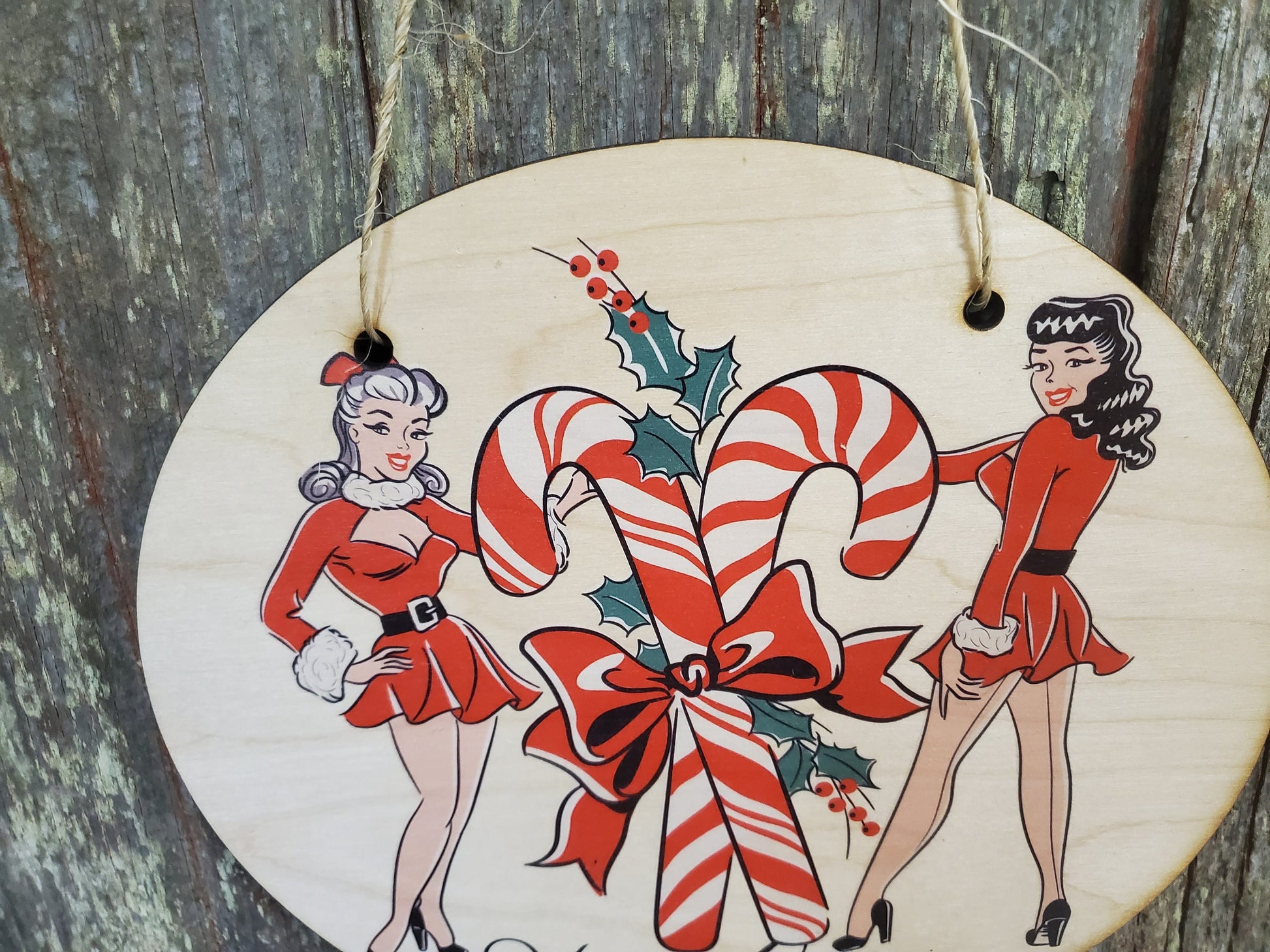 Vintage Pin Up Girls Merry Christmas Retro Lady Wood Candy Canes Door Hanger Front Door Entry Way Decor Plaque Wood Print
