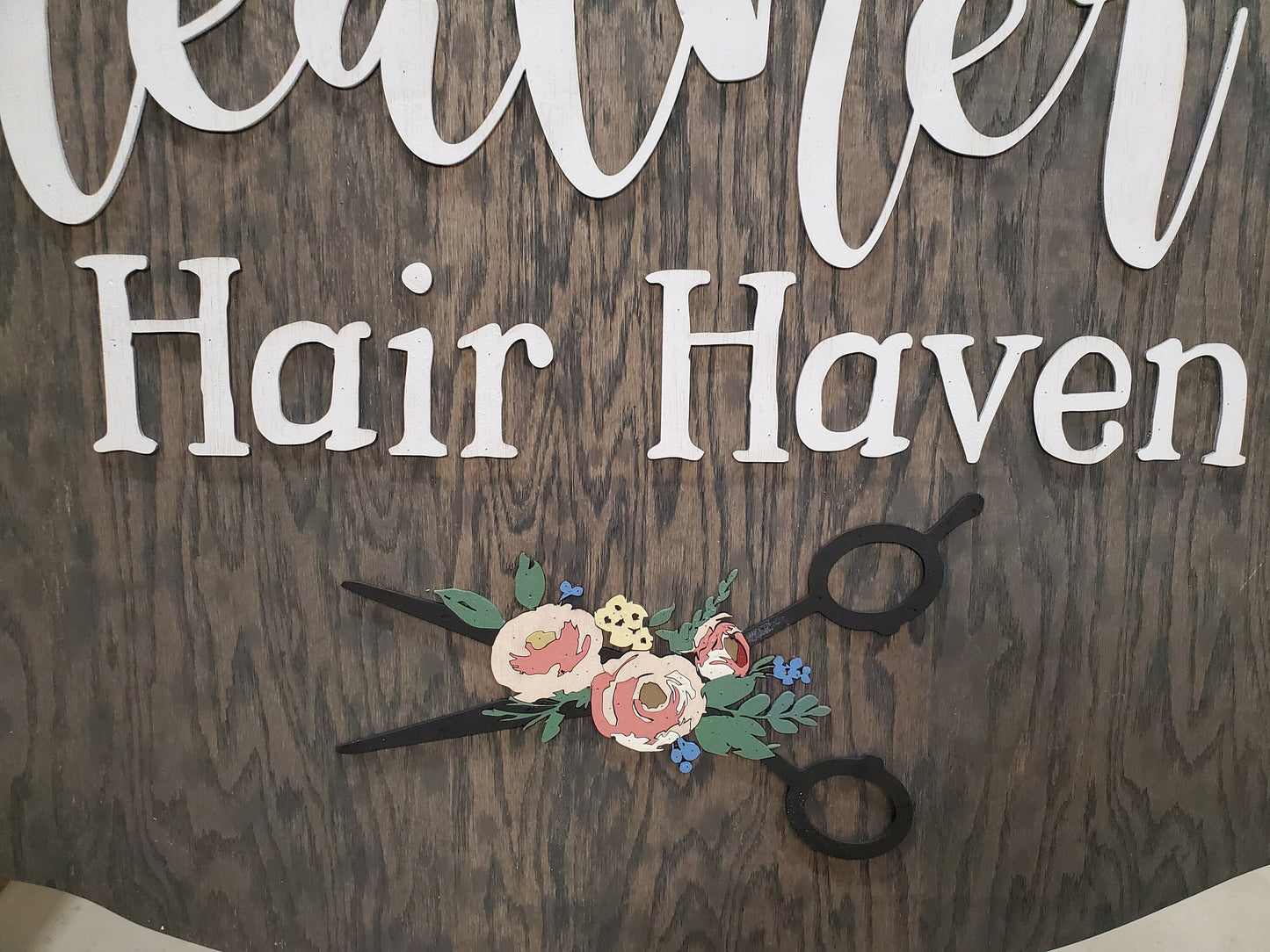 Salon Scissors Flowers Floral Shop Store Hair Dresser Beautician Business Sign Address Established Sign Exterior Outdoor Wooden Wood