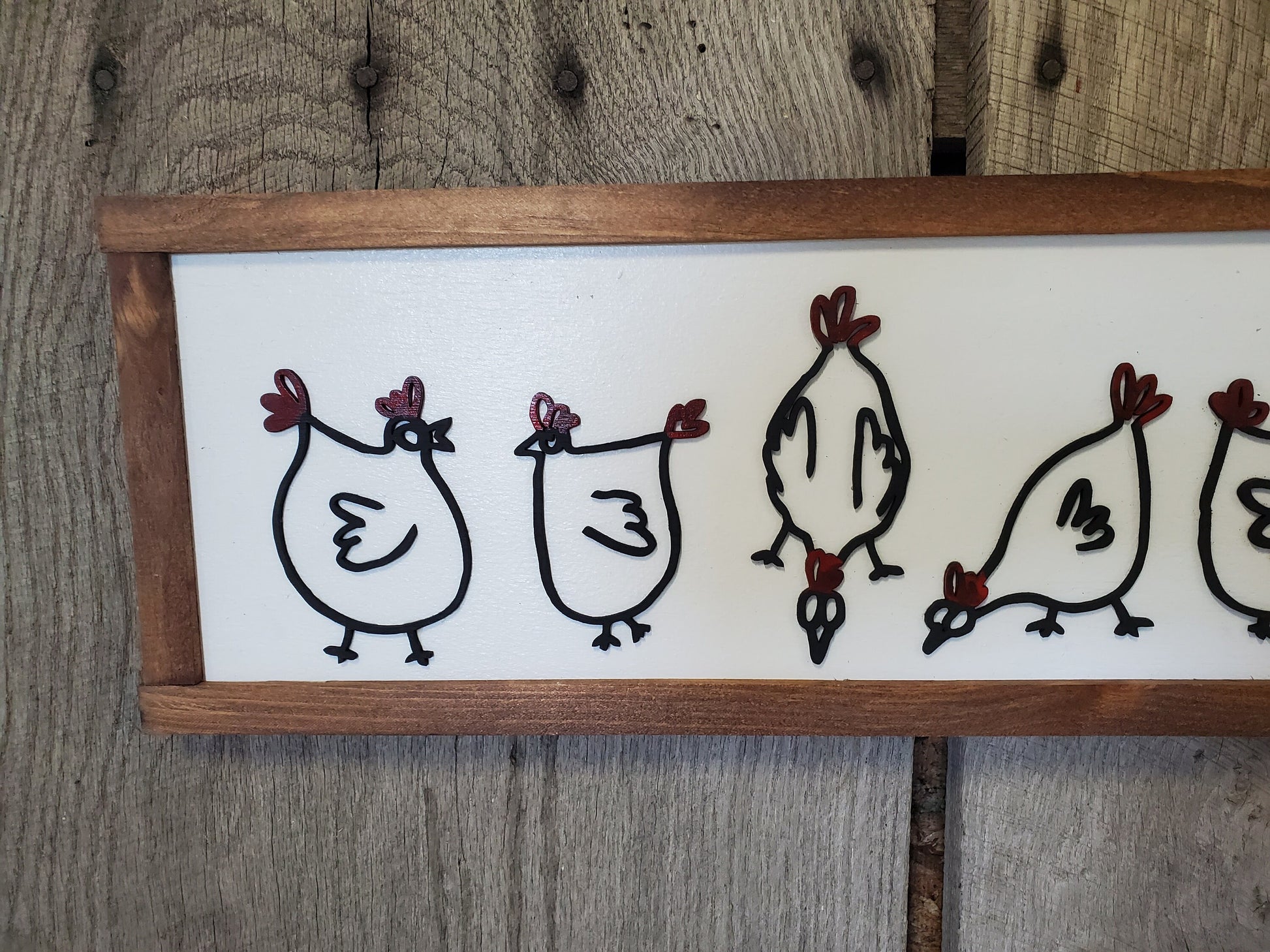 Chicken Raised Graphic 3D Chicks Sign Hens Rooster Country Décor Chicken Coop Line Drawing Happy Pecking Over Sized Rustic Wood 3D Primitive