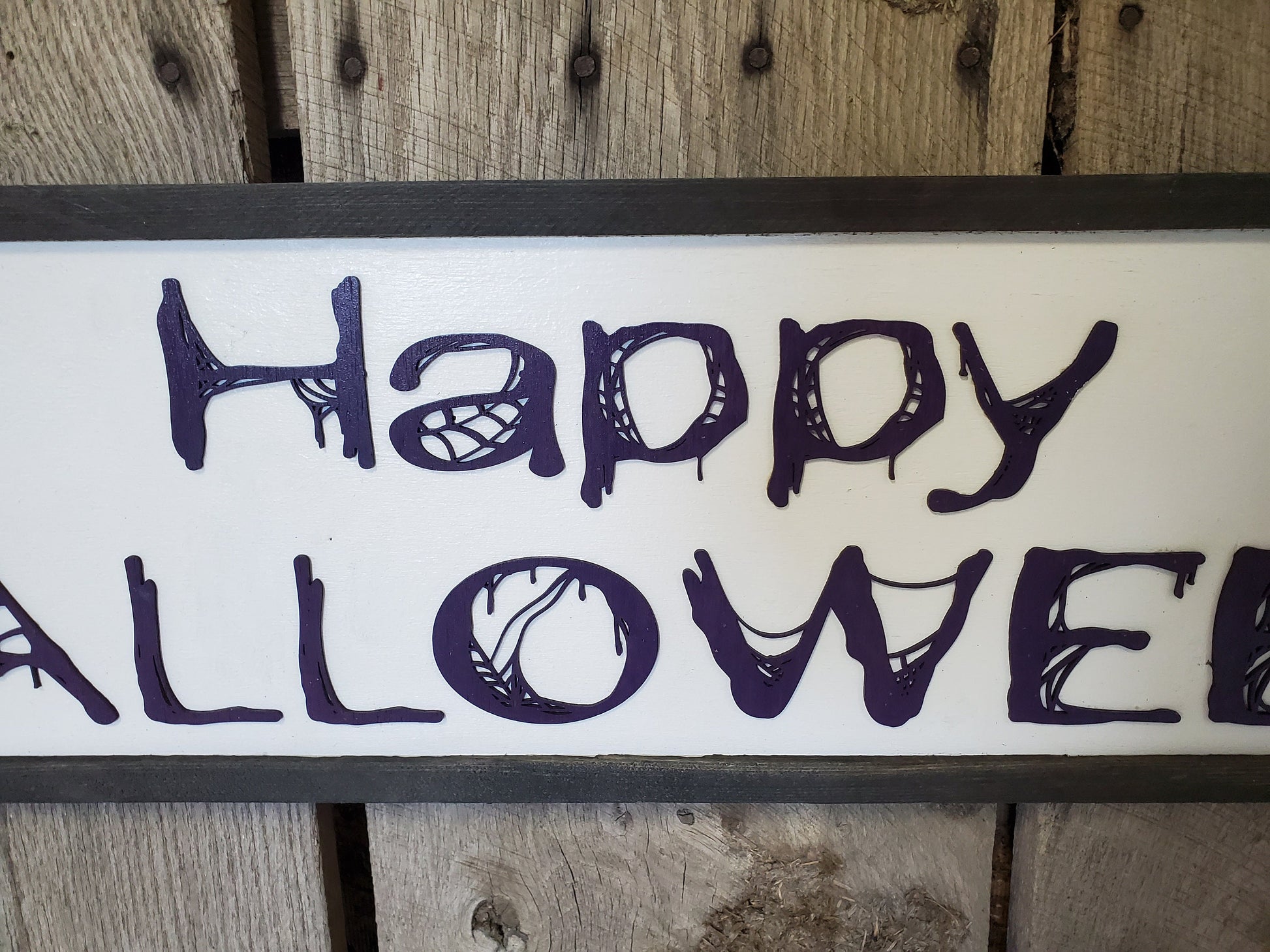 Happy Halloween Script Spider Web Graphic Purple Silhouette Line Art 3D Raised Text Sign Rustic Farmhouse Shabby Chic Wood