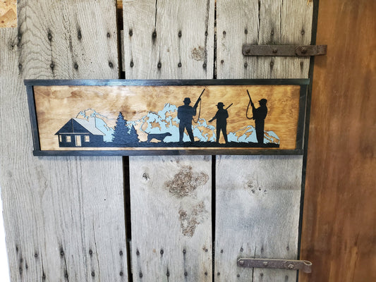 Rustic 3D Hunting Hunter Bird Dog Mountain Range Silhouette Scene Cabin Farm Sign Wood Laser Cut Out 3D Extra Large Sign