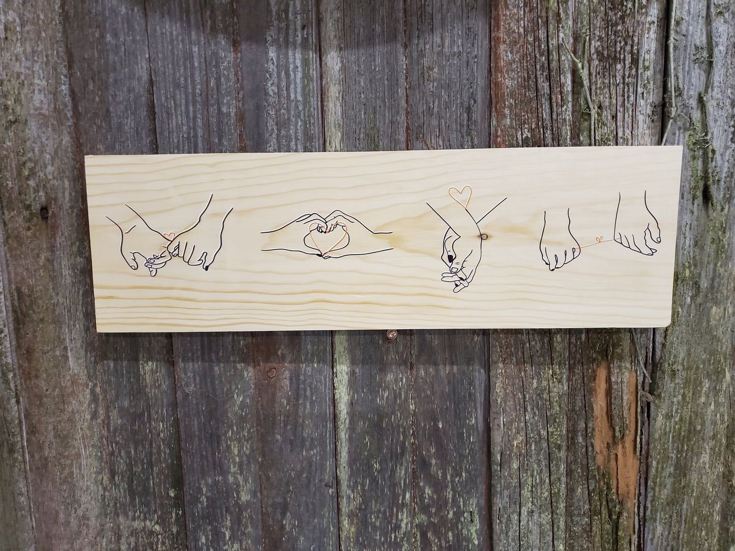 Holding Hands Wood Sign Spouse Loved One Hands String Together Love Heart Line Drawing Gift Colored Wood Print Gift for Wife Husband