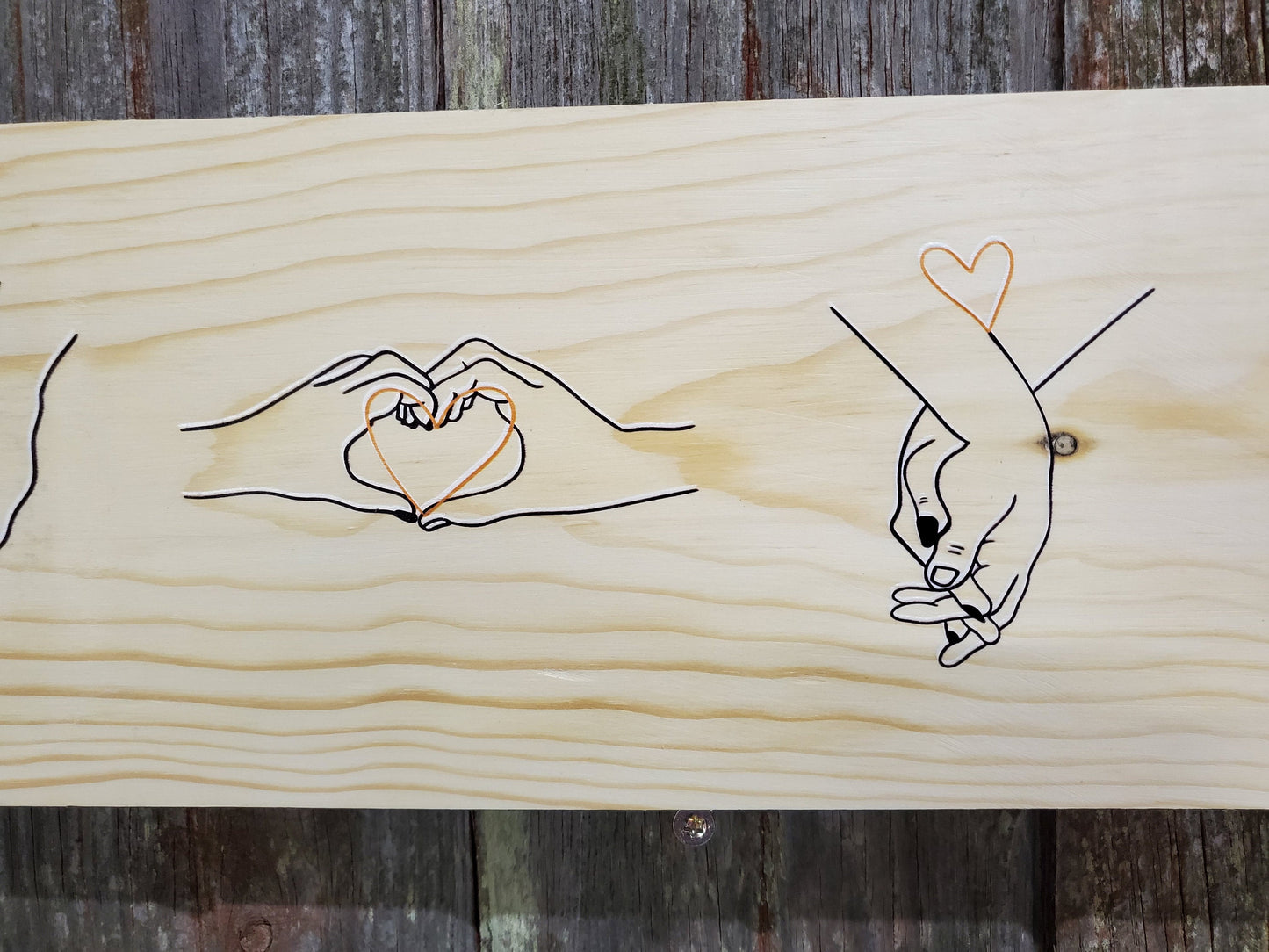 Holding Hands Wood Sign Spouse Loved One Hands String Together Love Heart Line Drawing Gift Colored Wood Print Gift for Wife Husband