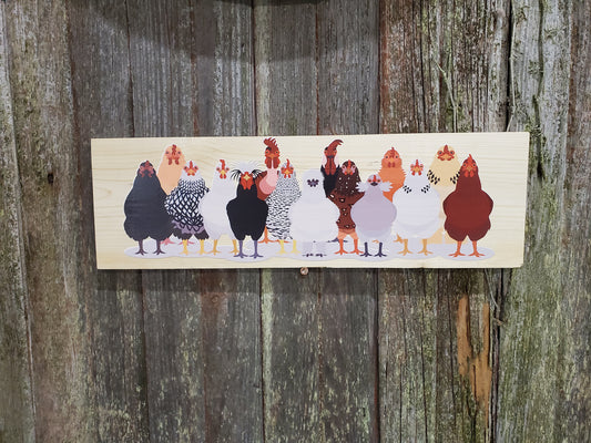 Chicken Sign Flock Rooster Hen Assorted Breeds Colored Wood Print Silkie Rhode Island Red Wyandotte