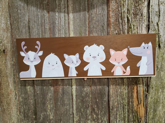 Woodland Animals Sign Nursery Deer Fox Bear Nature Babies Plaque Decor Wall Art Color Wood Print